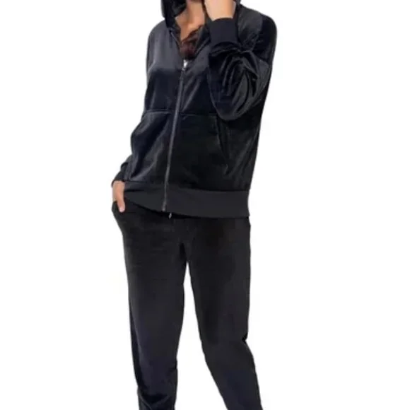 2 Pc Black Velour Hoodie Jogger Set - Picture 1 of 4